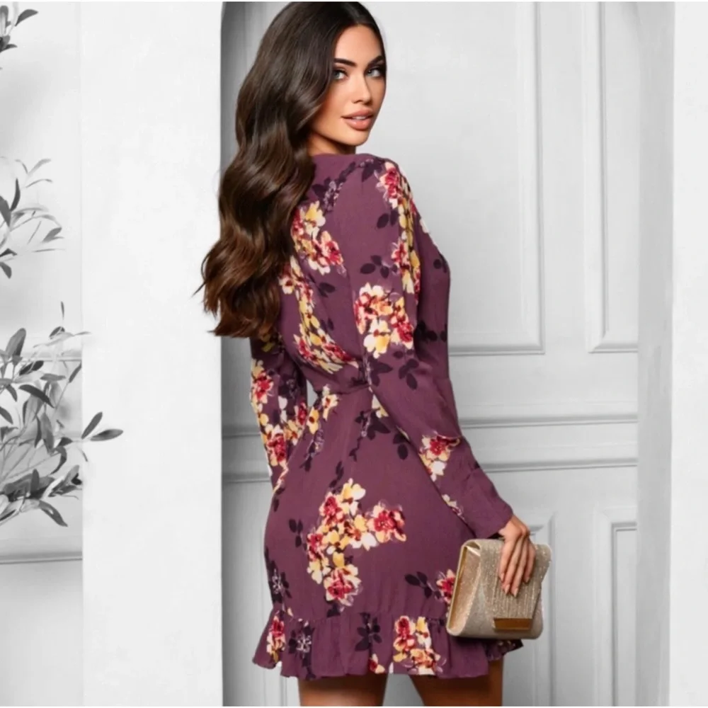 1 LEFT! Plum Orchid Floral Women's Fall Long Sleeves Pretty Surplice Wrap Dress - Picture 3 of 3